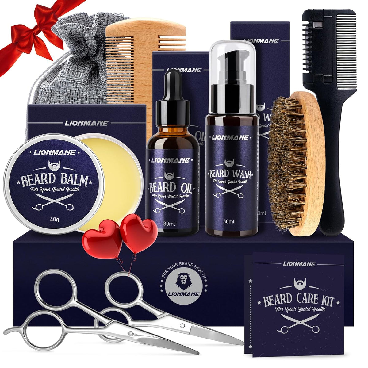 Valentine'S Day Beard Care Gifts Kit for Men, Beard Mustache Grooming Kit -Beard Balm, Beard Wash, Beard Oil, Brush, Scissors, Birthday Anniversary Daily Gifts for Husband/Boyfriend/Dad/Him