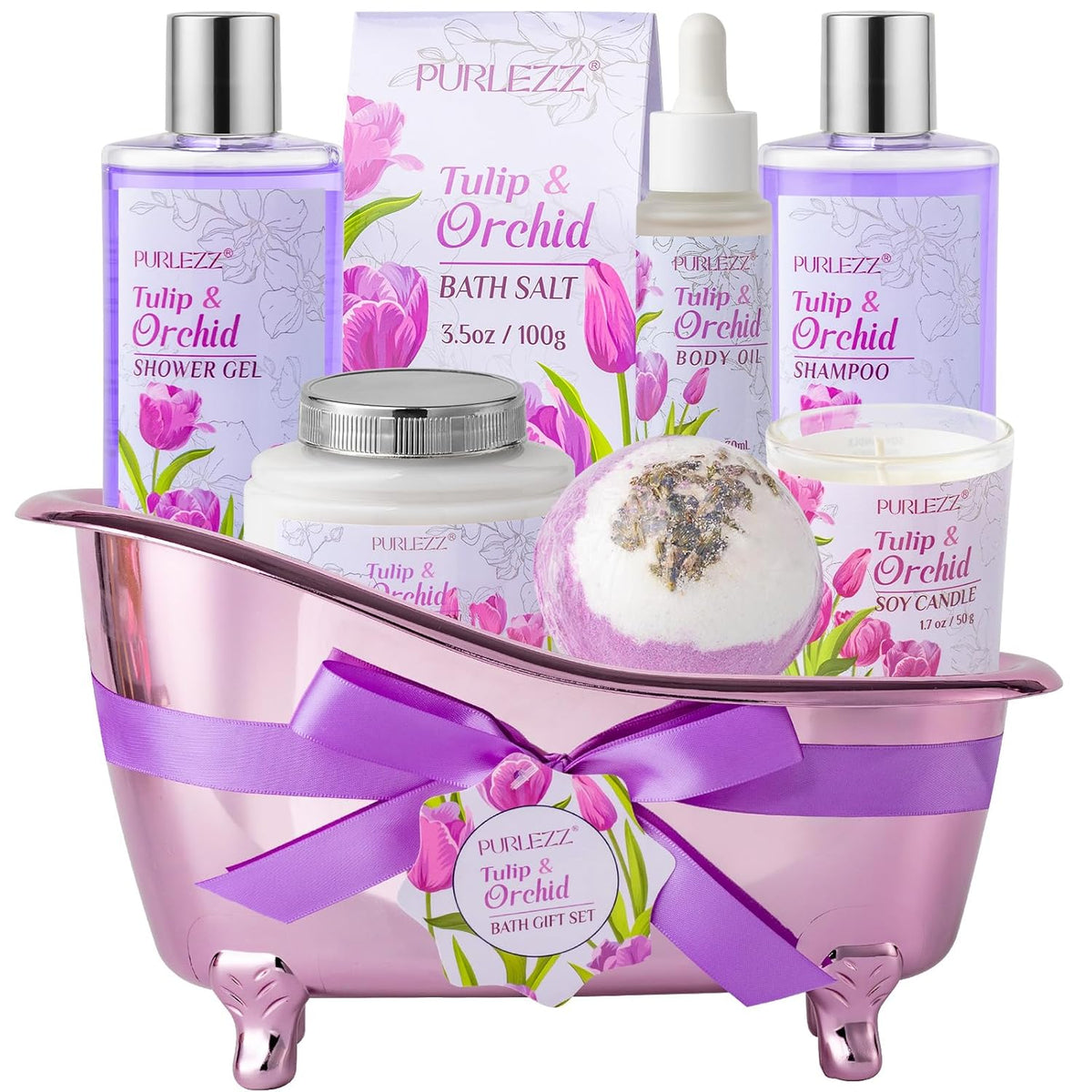 Spa Gift Basket, Mother'S Day Gift for Mom - 8 Pcs Tulip Scents Bath & Body Gift Set for Women, Spa Gift Kit, Birthday Gifts, Self Care, Pampering Gifts for Her, All Occasion Holiday Present