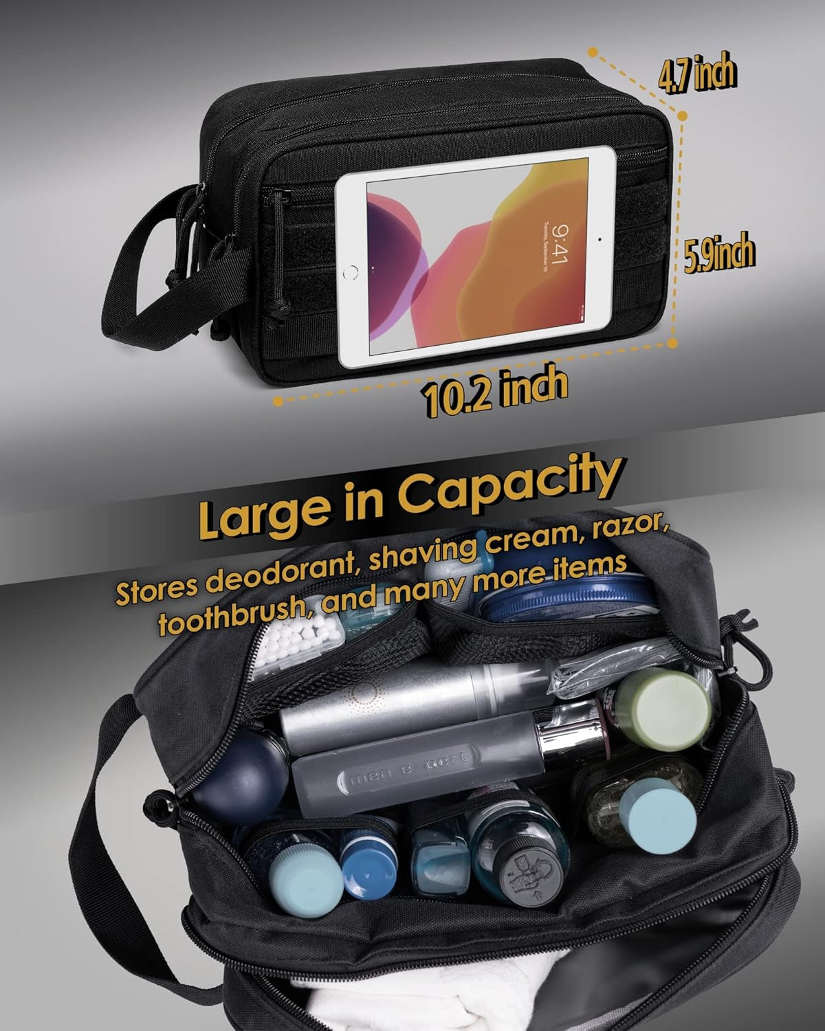 Toiletry Bag for Men - Dry Wet Separate Travel Toiletry Bag, Tactical Molle Dopp Kit for Men with Water-Resistant Shaving Bag for Adult Women for Travel, Black