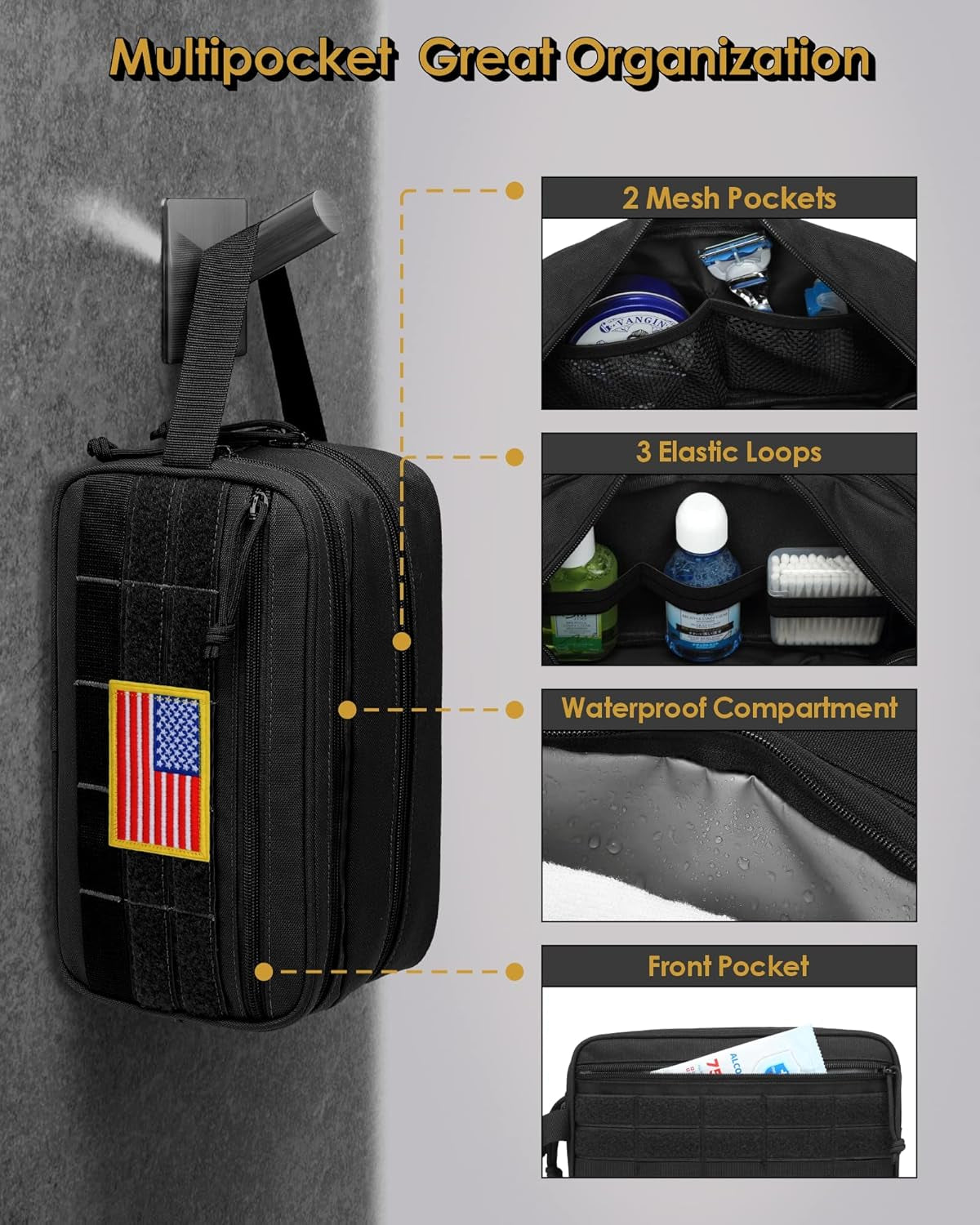 Toiletry Bag for Men - Dry Wet Separate Travel Toiletry Bag, Tactical Molle Dopp Kit for Men with Water-Resistant Shaving Bag for Adult Women for Travel, Black