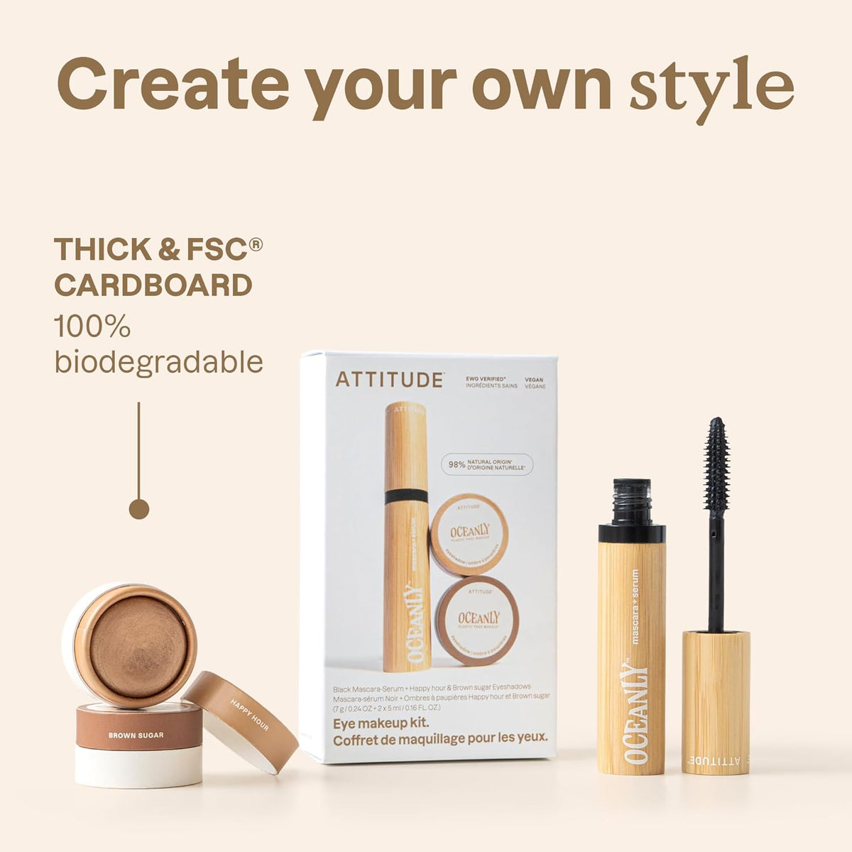 Oceanly Brown Makeup Set, EWG Verified Eyeshadow and Lash Serum Infused Mascara, Vegan Beauty, Set of 3 Products