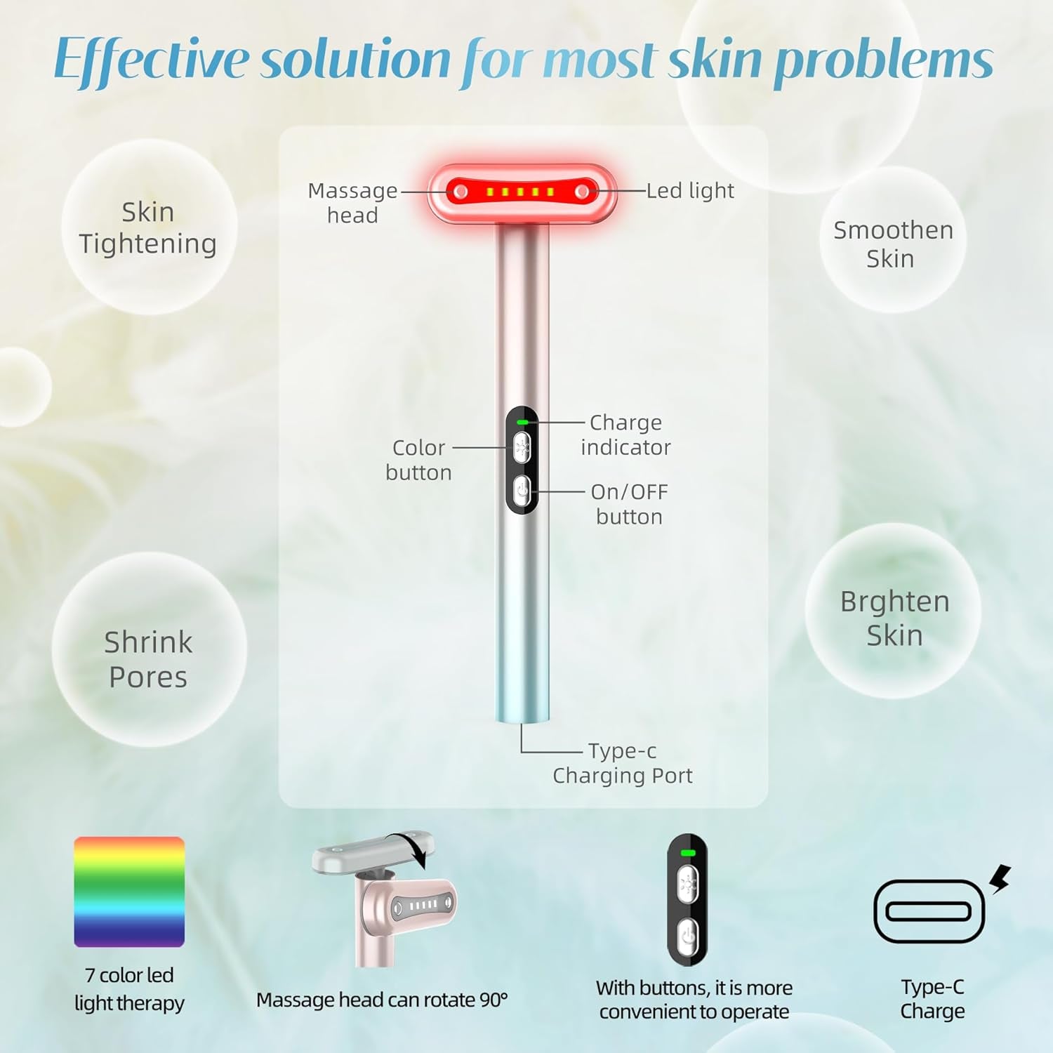 Led-Face-Wand，7 in 1 LED Light Therapy Facial Red & Blue Rejuvenation Tool