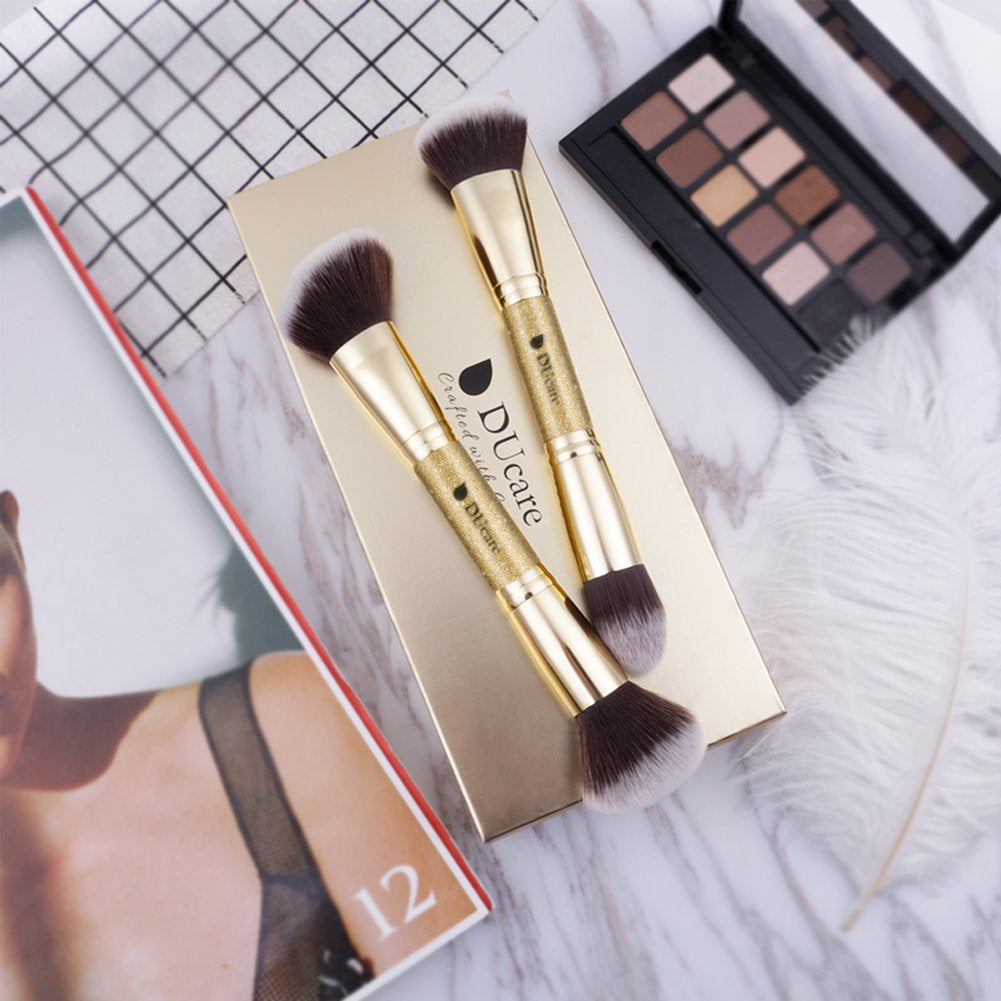 2Pcs Duo End Makeup Brushes, Synthetic Bristle Foundation Powder Buffer & Contour Brush Set, Dual Sided Face Brushes for Blending Concealer Bronzer Highlighter