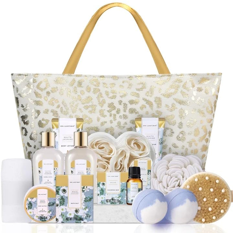 Gifts for Women 15Pcs White Jasmine Gift Baskets for Women Luxury Relaxing Spa Kit with Tote Bag Birthday Gifts for Mom Friend Sister Wife Grandma Mothers Day Gift for Her